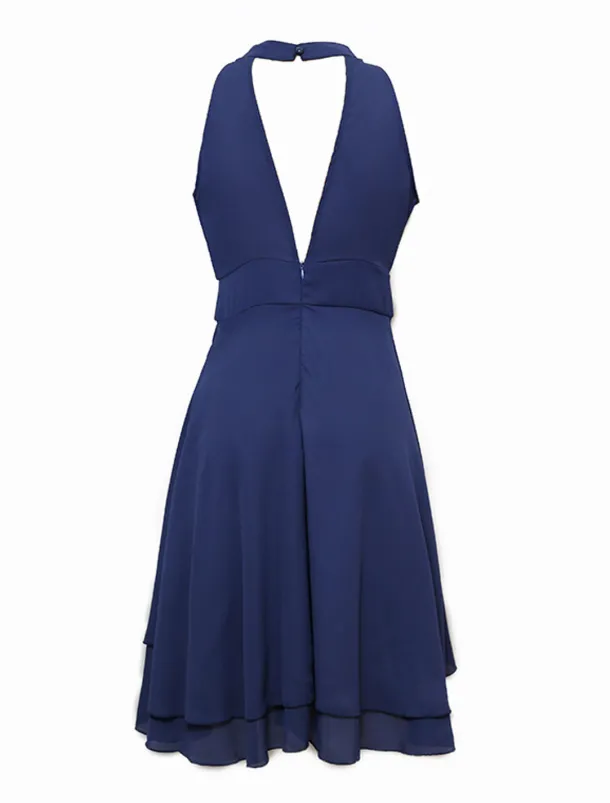 A-Line Cocktail Dresses Party Dress Wedding Guest Engagement Knee Length Sleeveless Halter Neck Chiffon V Back with Sleek Tiered dress to impress