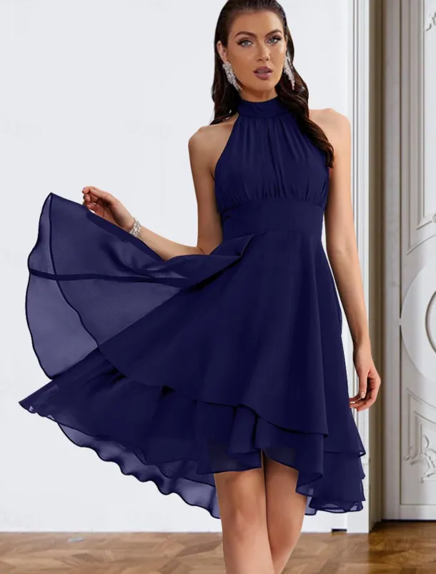 A-Line Cocktail Dresses Party Dress Wedding Guest Engagement Knee Length Sleeveless Halter Neck Chiffon V Back with Sleek Tiered dress to impress