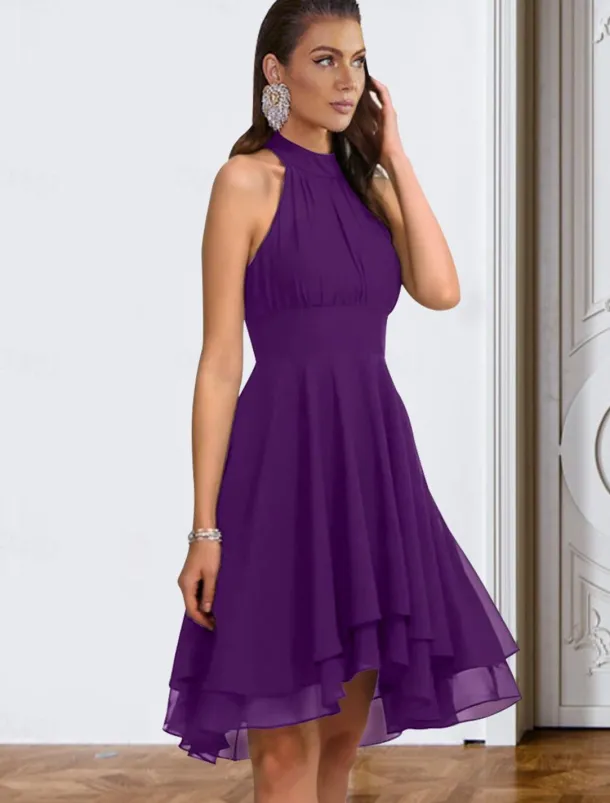 A-Line Cocktail Dresses Party Dress Wedding Guest Engagement Knee Length Sleeveless Halter Neck Chiffon V Back with Sleek Tiered dress to impress