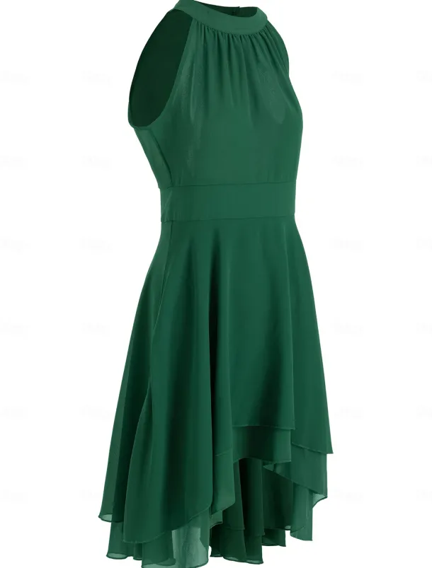 A-Line Cocktail Dresses Party Dress Wedding Guest Engagement Knee Length Sleeveless Halter Neck Chiffon V Back with Sleek Tiered dress to impress