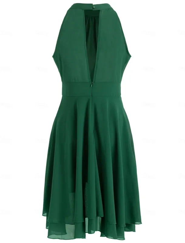 A-Line Cocktail Dresses Party Dress Wedding Guest Engagement Knee Length Sleeveless Halter Neck Chiffon V Back with Sleek Tiered dress to impress