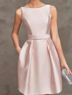 A-Line Cocktail Dresses Party Dress Wedding Guest Graduation Short / Mini Sleeveless Boat NeckDress Satin V Back with Pleats Dresses