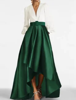A-Line Cocktail Dresses Tuxedo Dress Elegant Dress Formal Wedding Guest Asymmetrical 3/4 Length Sleeve V Neck Satin with Ruched Dresses
