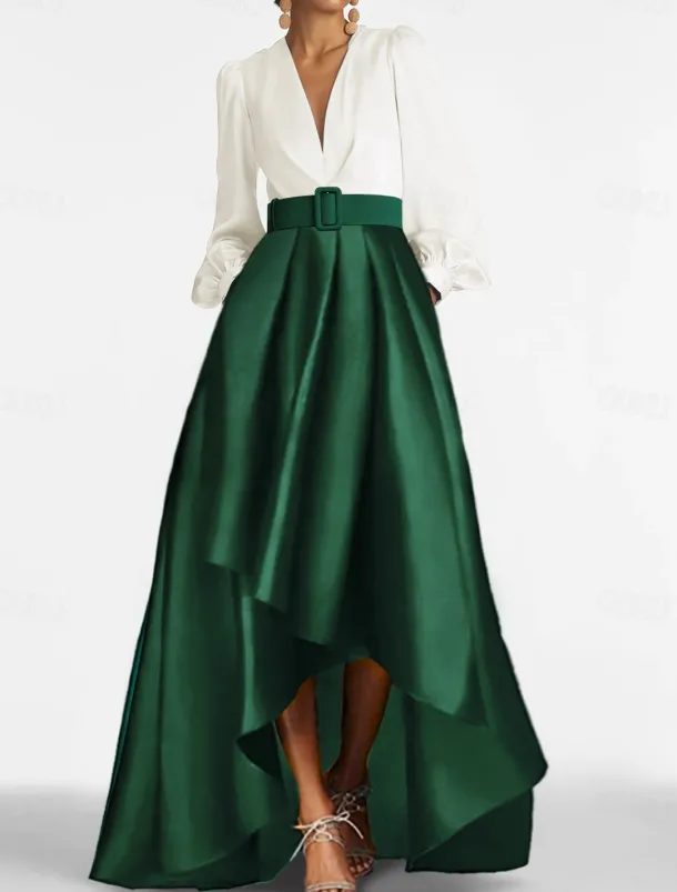 A-Line Cocktail Dresses Tuxedo Dress Elegant Dress Formal Wedding Guest Asymmetrical 3/4 Length Sleeve V Neck Satin with Ruched Dresses