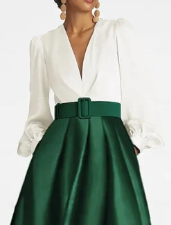 A-Line Cocktail Dresses Tuxedo Dress Elegant Dress Formal Wedding Guest Asymmetrical 3/4 Length Sleeve V Neck Satin with Ruched Dresses