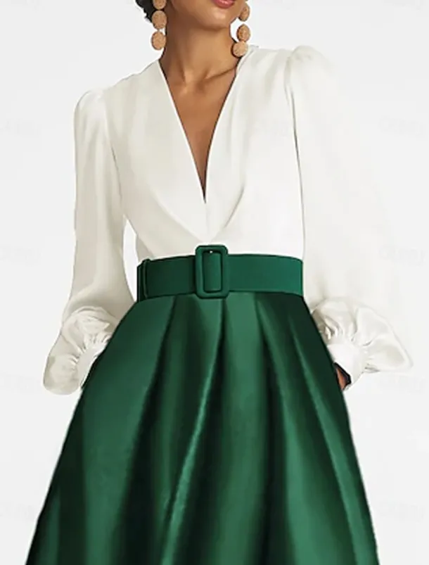 A-Line Cocktail Dresses Tuxedo Dress Elegant Dress Formal Wedding Guest Asymmetrical 3/4 Length Sleeve V Neck Satin with Ruched Dresses