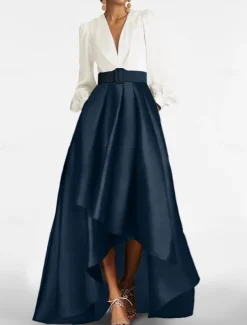 A-Line Cocktail Dresses Tuxedo Dress Elegant Dress Formal Wedding Guest Asymmetrical 3/4 Length Sleeve V Neck Satin with Ruched Dresses