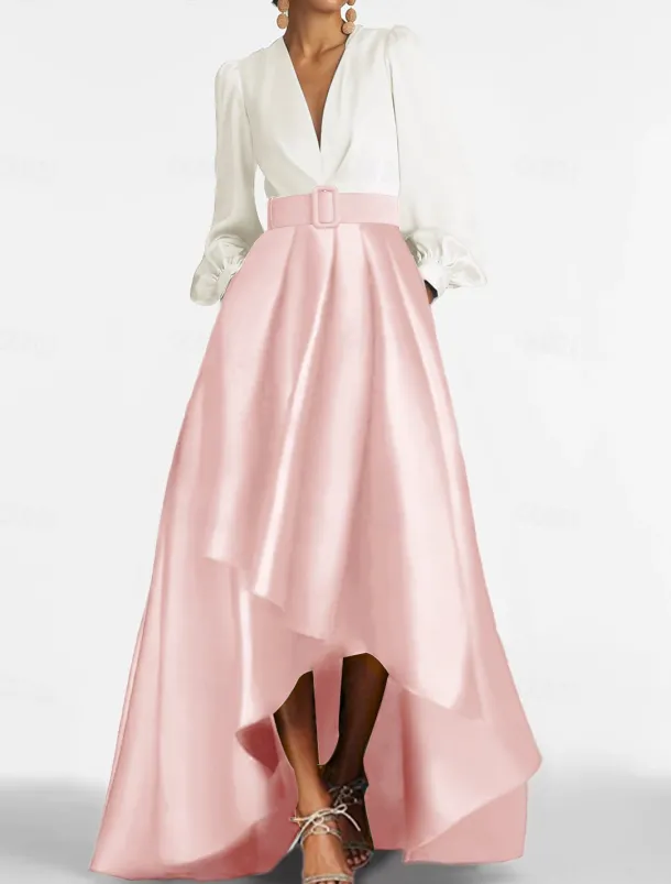 A-Line Cocktail Dresses Tuxedo Dress Elegant Dress Formal Wedding Guest Asymmetrical 3/4 Length Sleeve V Neck Satin with Ruched Dresses