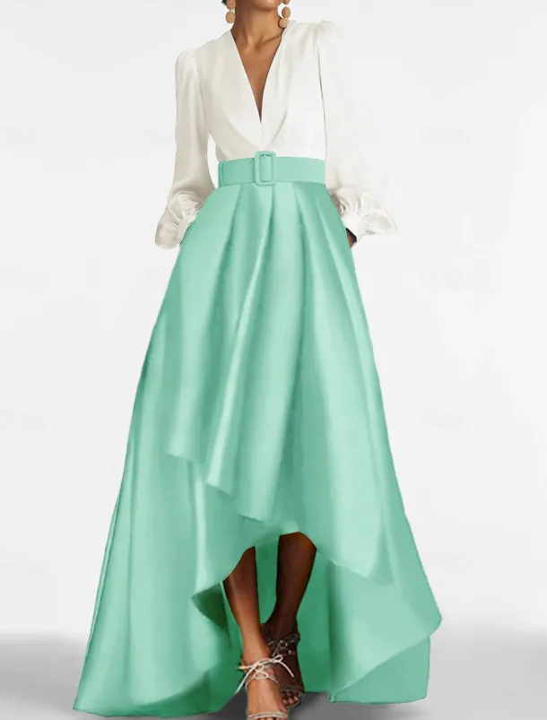 A-Line Cocktail Dresses Tuxedo Dress Elegant Dress Formal Wedding Guest Asymmetrical 3/4 Length Sleeve V Neck Satin with Ruched Dresses