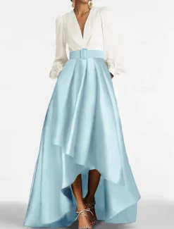 A-Line Cocktail Dresses Tuxedo Dress Elegant Dress Formal Wedding Guest Asymmetrical 3/4 Length Sleeve V Neck Satin with Ruched Dresses