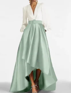 A-Line Cocktail Dresses Tuxedo Dress Elegant Dress Formal Wedding Guest Asymmetrical 3/4 Length Sleeve V Neck Satin with Ruched Dresses
