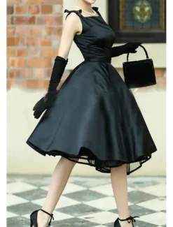 A-Line Cocktail Dresses Vintage Dress Wedding Guest Graduation Tea Length Sleeveless Square Neck Satin with Sash / Ribbon Bow(s) Pure Color Dresses