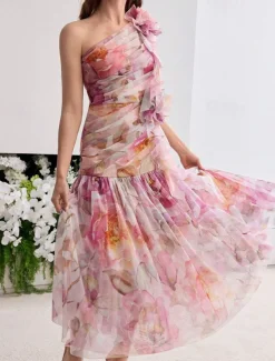 A-Line Cocktail Dresses Wedding Guest Dress Formal Wedding Tea Length Sleeveless One Shoulder Pink Dress Organza with Floral Print Pleats Ruched