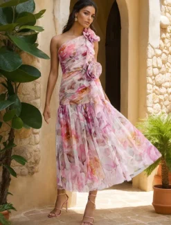 A-Line Cocktail Dresses Wedding Guest Dress Formal Wedding Tea Length Sleeveless One Shoulder Pink Dress Organza with Floral Print Pleats Ruched