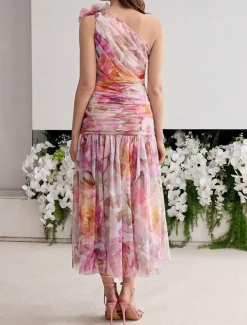 A-Line Cocktail Dresses Wedding Guest Dress Formal Wedding Tea Length Sleeveless One Shoulder Pink Dress Organza with Floral Print Pleats Ruched