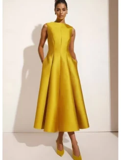 A-Line Cocktail Wedding Dresses Elegant Gown Formal Ankle Length Sleeveless Crew Neck Pocket Satin with Ruched Pocket