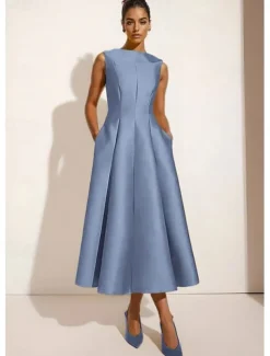 A-Line Cocktail Wedding Dresses Elegant Gown Formal Ankle Length Sleeveless Crew Neck Pocket Satin with Ruched Pocket