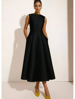 A-Line Cocktail Wedding Dresses Elegant Gown Formal Ankle Length Sleeveless Crew Neck Pocket Satin with Ruched Pocket