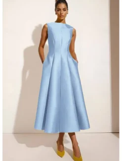 A-Line Cocktail Wedding Dresses Elegant Gown Formal Ankle Length Sleeveless Crew Neck Pocket Satin with Ruched Pocket