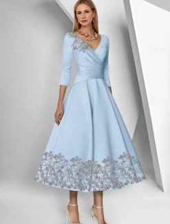 A-Line Dress Beach Wedding Mother of the Bride Dress Elegant Simple V Neck Ankle Length Tea Length Satin 3/4 Length Sleeve with Lace Ruched Sequin Race Day Dress