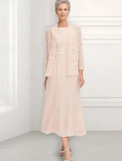 A-Line Dress Mother of the Bride Dress Wedding Guest Church Elegant Vintage Jewel Neck Ankle Length Chiffon Long Sleeve with Sequin Embroidery