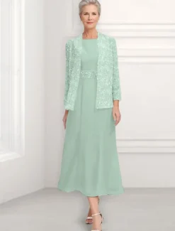 A-Line Dress Mother of the Bride Dress Wedding Guest Church Elegant Vintage Jewel Neck Ankle Length Chiffon Long Sleeve with Sequin Embroidery