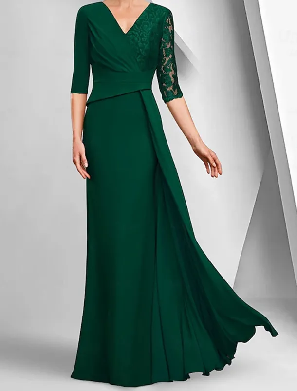 A-Line Dress Mother of the Bride Dress Elegant Bateau Neck Ankle Length Stretch Fabric Half Sleeve with Lace Tier Solid Color