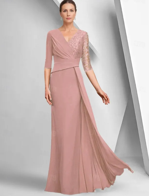 A-Line Dress Mother of the Bride Dress Elegant Bateau Neck Ankle Length Stretch Fabric Half Sleeve with Lace Tier Solid Color