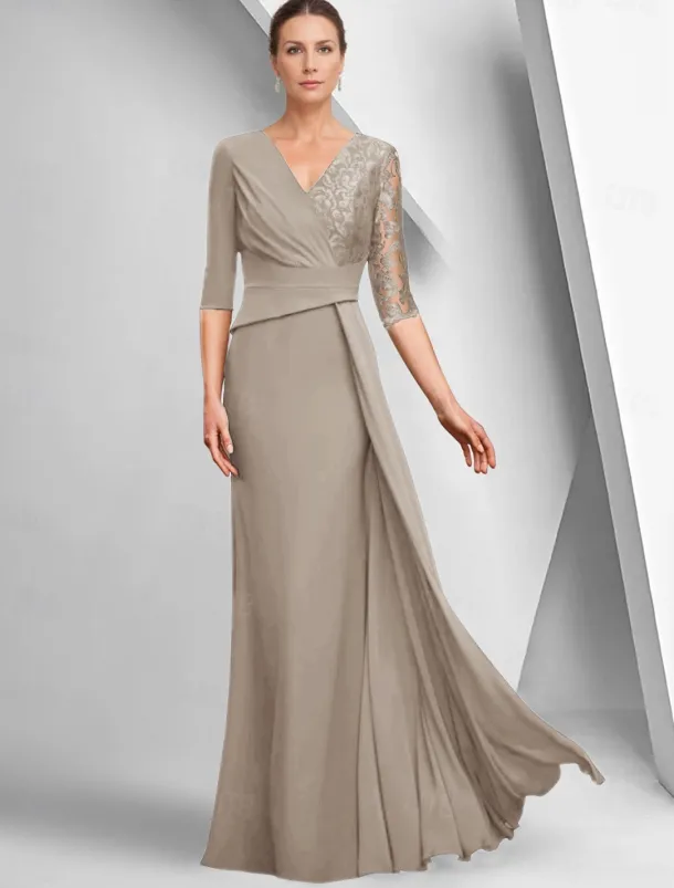 A-Line Dress Mother of the Bride Dress Elegant Bateau Neck Ankle Length Stretch Fabric Half Sleeve with Lace Tier Solid Color