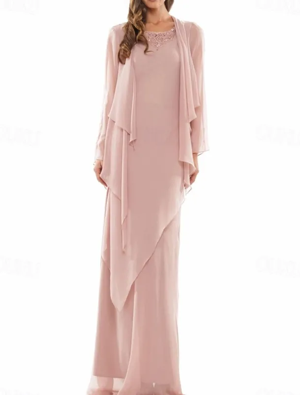 A-Line Dress Sets Mother of the Bride Dress Elegant Simple Crew Neck Floor Length Chiffon Long Sleeve with Beading Tier Cascading Ruffles