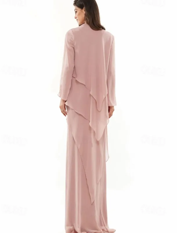 A-Line Dress Sets Mother of the Bride Dress Elegant Simple Crew Neck Floor Length Chiffon Long Sleeve with Beading Tier Cascading Ruffles