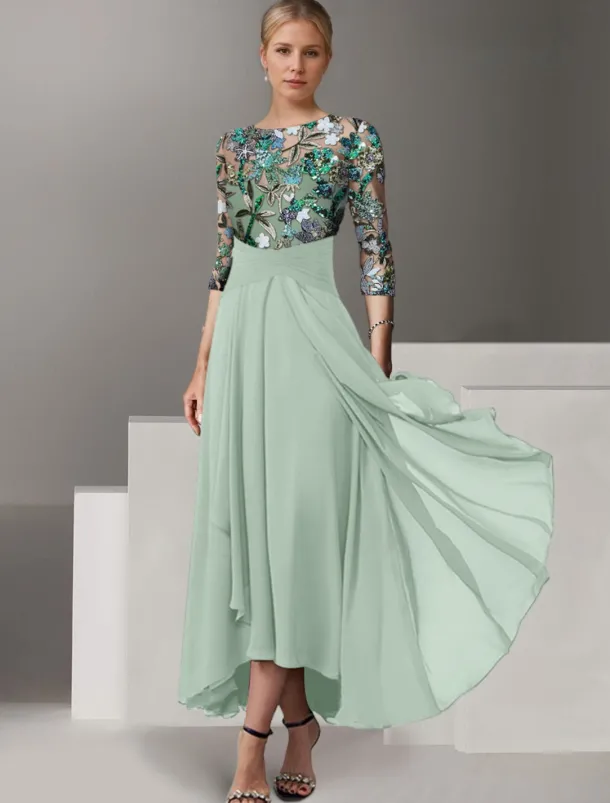 A-Line Embroidered Mother of the Bride Overskirt Dress Elegant Vintage Illusion Neck Ankle Length Chiffon Half Sleeve with Sequin