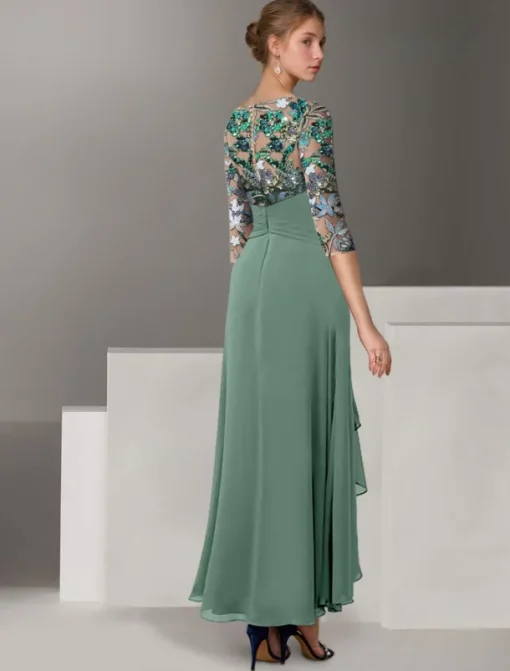 A-Line Embroidered Mother of the Bride Overskirt Dress Elegant Vintage Illusion Neck Ankle Length Chiffon Half Sleeve with Sequin