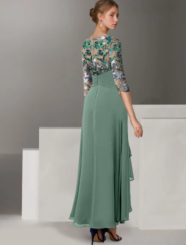 A-Line Embroidered Mother of the Bride Overskirt Dress Elegant Vintage Illusion Neck Ankle Length Chiffon Half Sleeve with Sequin
