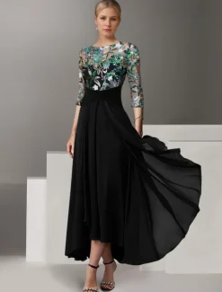 A-Line Embroidered Mother of the Bride Overskirt Dress Elegant Vintage Illusion Neck Ankle Length Chiffon Half Sleeve with Sequin