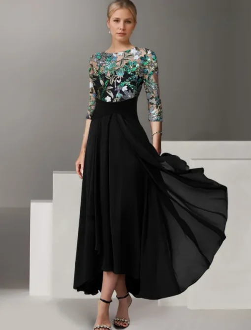A-Line Embroidered Mother of the Bride Overskirt Dress Elegant Vintage Illusion Neck Ankle Length Chiffon Half Sleeve with Sequin