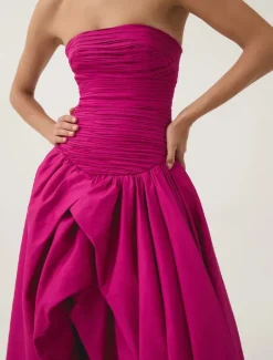 A-Line Evening Gown Bubble Dress Formal Semi Formal Wedding Floor Length Sleeveless Strapless Tafetta with Ruched Slit