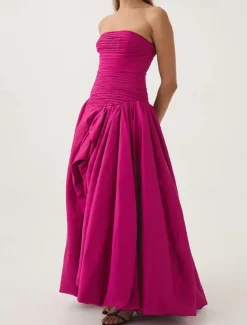 A-Line Evening Gown Bubble Dress Formal Semi Formal Wedding Floor Length Sleeveless Strapless Tafetta with Ruched Slit
