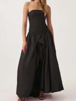 A-Line Evening Gown Bubble Dress Formal Semi Formal Wedding Floor Length Sleeveless Strapless Tafetta with Ruched Slit