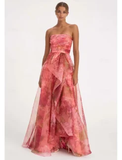 A-Line Evening Gown Celebrity Style Dress Formal Wedding Guest Floor Length Sleeveless One Shoulder Organza with Ruched Ruffles Slit Wedding Guest Dress