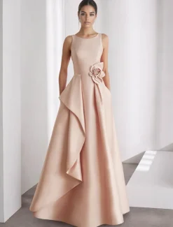 A-Line Evening Gown Elegant Dress Formal Wedding Floor Length Sleeveless Off Shoulder Pocket Satin with Ruffles