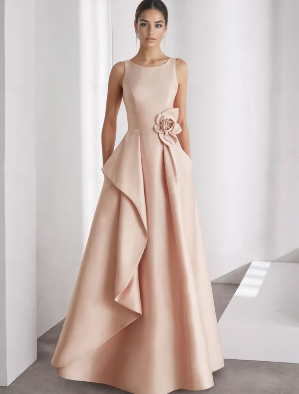 A-Line Evening Gown Elegant Dress Formal Wedding Floor Length Sleeveless Off Shoulder Pocket Satin with Ruffles