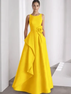 A-Line Evening Gown Elegant Dress Formal Wedding Floor Length Sleeveless Off Shoulder Pocket Satin with Ruffles