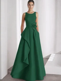 A-Line Evening Gown Elegant Dress Formal Wedding Floor Length Sleeveless Off Shoulder Pocket Satin with Ruffles