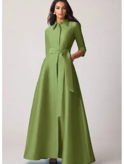 A-Line Evening Gown Elegant Dress Formal Wedding Guest Floor Length Half Sleeve Lapel Pocket Stretch Satin with Bow(s) Pocket Strappy