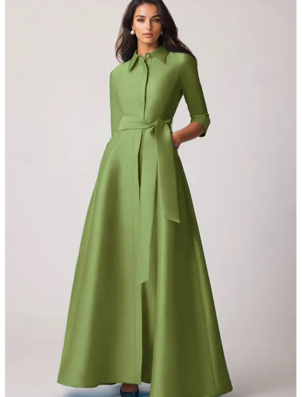 A-Line Evening Gown Elegant Dress Formal Wedding Guest Floor Length Half Sleeve Lapel Pocket Stretch Satin with Bow(s) Pocket Strappy