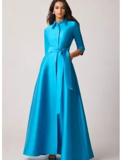A-Line Evening Gown Elegant Dress Formal Wedding Guest Floor Length Half Sleeve Lapel Pocket Stretch Satin with Bow(s) Pocket Strappy