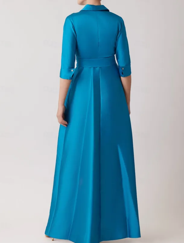 A-Line Evening Gown Elegant Dress Formal Wedding Guest Floor Length Half Sleeve Lapel Pocket Stretch Satin with Bow(s) Pocket Strappy