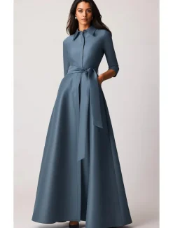 A-Line Evening Gown Elegant Dress Formal Wedding Guest Floor Length Half Sleeve Lapel Pocket Stretch Satin with Bow(s) Pocket Strappy