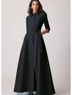 A-Line Evening Gown Elegant Dress Formal Wedding Guest Floor Length Half Sleeve Lapel Pocket Stretch Satin with Bow(s) Pocket Strappy